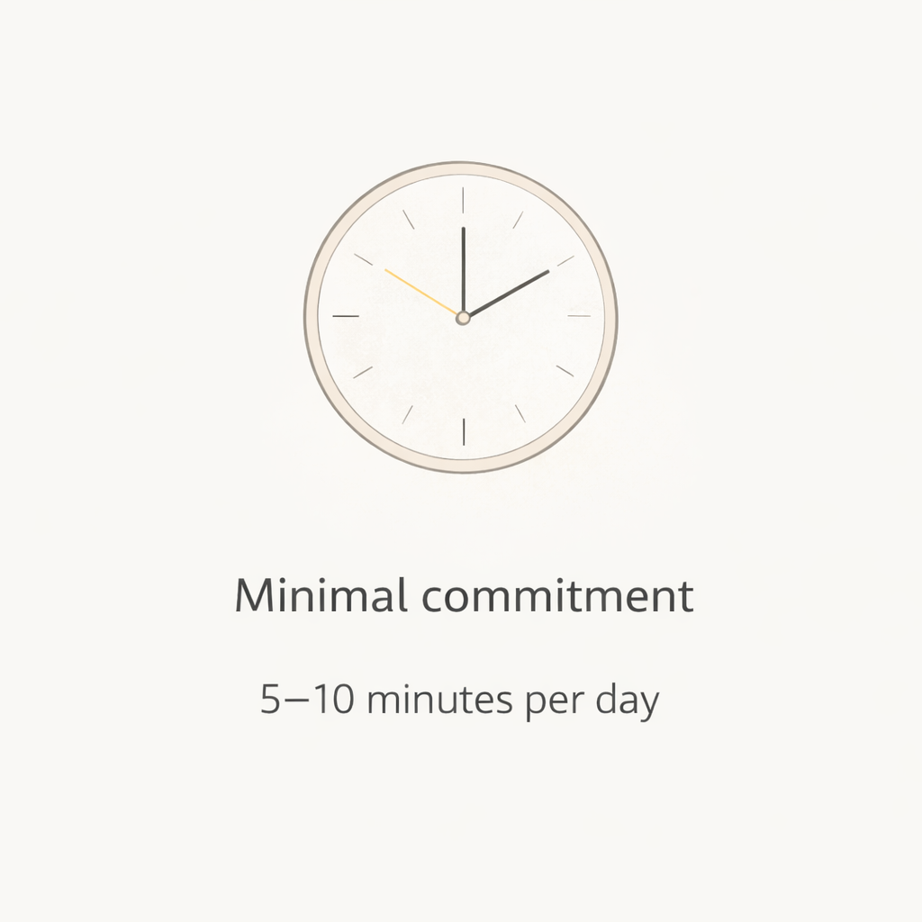 Clock with minimal commitment text on a light gray background